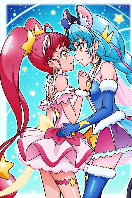 shiny skin, posing,
<lora:starpri.il:1>,
starpri,
multiple girls, large breasts, 
curestar, curecosmo, yuri,