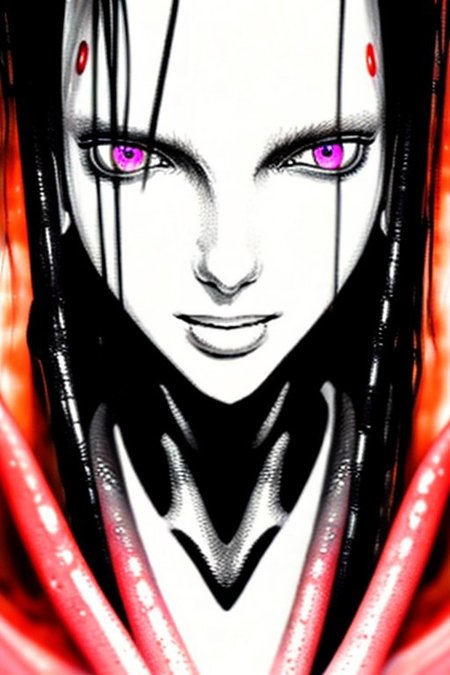 zPDXL2, score_9, score_8_up, score_7_up,  alien monster girl, beautiful face, tentacle hands:1.1, (inside a cave), multiple eyes, ((close up:2.2)), focus on face, large jellyfish head shape, multiple eyes on head, black body color, long octopus hair:1.2,  tendrils wrapped around breasts, black body, extremely detailed, skin texture, glistening body, small breasts, red scales on body, dripping wet body, oiled, long sleeves, white face, (big ass:0.4), black sclera, (shining white eyes), emerging from water, monster body, black sclera, glossy eyes, arching back, seductive smirk, wicked smile, Expressiveh, from side, from below
