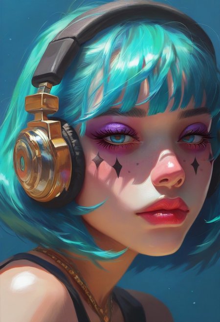 Femmes_ST, masterpiece, best quality, very aesthetic, high resolution, ultra-detailed, absurdres, newest, extremely detailed eyes, vibrant colours, masterpiece,best quality, 1girl, solo, looking at viewer, short hair, bangs, blue eyes, jewelry, closed mouth, blue hair, blunt bangs, necklace, lips, eyelashes, aqua hair, makeup, headphones, facial mark, bob cut, gem, portrait, eyeshadow, nose, eyeliner, mascara