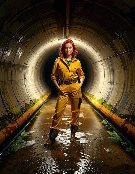 A young woman, April O'Neil, stands confidently in front of a large, circular sewer pipe,L4rg3 s3w3r p1p3. She has vibrant red, shoulder-length wavy hair and wears her iconic bright yellow jumpsuit with utility-style details, such as rolled-up sleeves and visible pockets. A brown utility belt is fastened around her waist. She holds a microphone or a small camera in one hand, highlighting her role as a journalist. Her expression is determined and slightly smiling, radiating courage and curiosity.
The sewer pipe behind her is massive and weathered, with green moss and moisture stains around its edges. The interior of the pipe is dark and shadowy, while the exterior is illuminated by soft natural light. There is a small puddle of water or wet ground in front of the pipe, reflecting faint light.
The background features an urban, industrial setting with worn brickwork surrounding the sewer opening, showing signs of age and decay. Small wild plants and grass grow around the base, adding a touch of nature to the scene.
The lighting is soft and dramatic, with natural sunlight streaming in and casting gentle reflections on the ground and inside the pipe. The image is styled as a semi-realistic illustration with vivid, bright colors for April O'Neil, contrasting with the muted, earthy tones of the background. The overall mood is adventurous and cinematic.<lora:SDXLFaeTastic2400:0.4> <lora:extremely_detailed:0.4> extremely detailed, <lora:L4rg3_s3w3r_p1p3:1>, Masterpiece,best quality,hi res,8k,hi res,8k,award winning,(sharp focus, intricate, highly detailed),