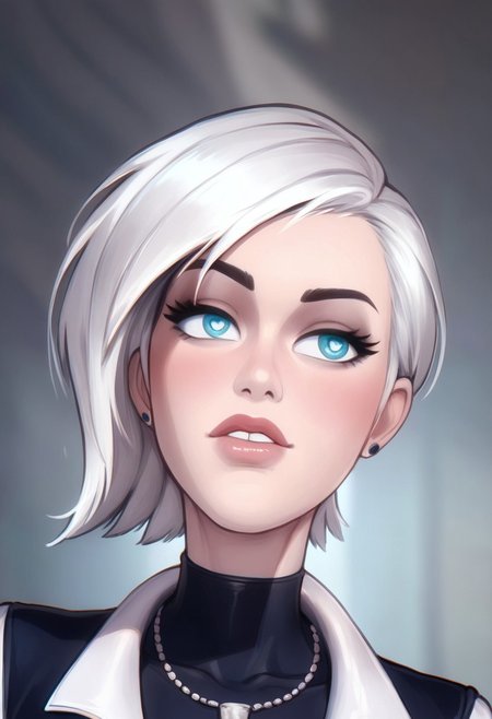 score_9, score_8_up, score_7_up, score_6_up, PRSNL_3_1, uncensored, pupils black dots, lips,
upper body, 
MKFrost, 1girl, white hair, blue eyes, short hair, bodysuit