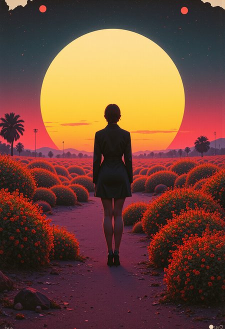 the style of vtgbrst. A vintage analog photo of Synthwave aesthetics, a beautiful woman, centered composition, bold lines, grand and endless horizon, silhouette, geometric shapes, a field of flowers, magnificent details, light orange and pastel colors. inspired by the 1980s, featuring analog and retro-futuristic elements with neon lights and nighttime settings. The style is nostalgic and vibrant, evoking the essence of a digital past.. This vintage analog photo, taken in the 1980s, has all the telltale signs of heavy use, with rips and tears, dirt, speckles of dust, grain, patina, discoloration, pinholes, tape, creases, and water stains. <lora:Vtgbrst Study_epoch_4:1><lora:gjbvc:0.65>
