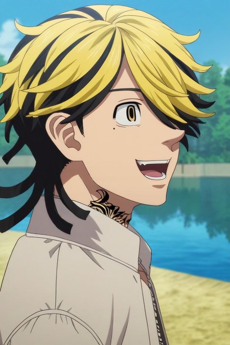 score_9, score_8_up, score_7_up, source_anime, rating_safe, , (photorealistic:0.6), , , 1boy, solo, male focus, <lora:kazutora_hanemiya_pony:0.98>, kazutora_hanemiya, blonde hair, yellow eyes, short hair, multicolored hair, two-tone hair, black hair, hair over one eye, bangs, , , from side, lake, dark, singing, laughing, , <lora:sdxl_lightning_8step_lora:1>