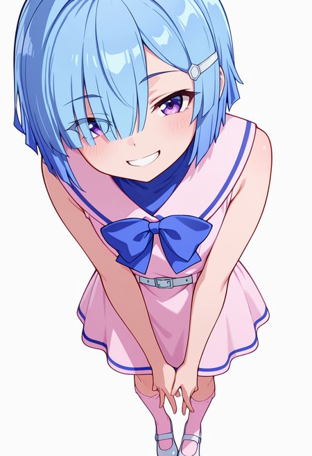 masterpiece,high quality details, absurdres,
 <lora:Imose_Mimika:0.8>
mimika_cnr, 1girl, blue hair, short hair, hair over one eye, purple eyes,eyes visible through hair,hairclip,
mimika_s1, sleeveless, pink dress, sailor collar, white belt, bow,bowtie,pink socks,mary janes,, simple background, white background, from above,solo,, seductive smile,grin,, one foot propped on surface,body twisted at midsection,hands touching toes,