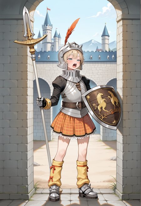1girl, solo, short hair, blonde hair, aqua eyes, armor, breastplate, strap, belt, pleated skirt, checkered skirt, orange skirt, long sleeves, gauntlets, leg warmers, armored boots, helmet, hat feather, holding polearm, spear, holding shield, yawning, half-closed eyes, sleepy, entry, padded wall, castle  <lora:cecile_suikoden_Illus:1>, masterpiece, best quality, amazing quality, very aesthetic, absurdres, highres, newest