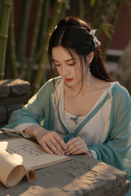 <lora:ãéº¦æ©éè¡£ãMajicflus:0.7>, qingyi, At sunrise, a young woman leans lightly against an ancient stone table, her cyan hanfuâs open neckline revealing the soft contours of her shoulders and chest beneath the sheer fabric. The morning light casts warm, layered shadows across her skin. Her fingers gently brush over a scroll of poetry, her gaze focused and introspective. Her hair is secured with two silver hairpins, each adorned with delicate tassels swaying softly in the breeze. The background features a bamboo grove bathed in dawnâs red hues, with shadows and mist blending to create a rich interplay of light and depth.âââ