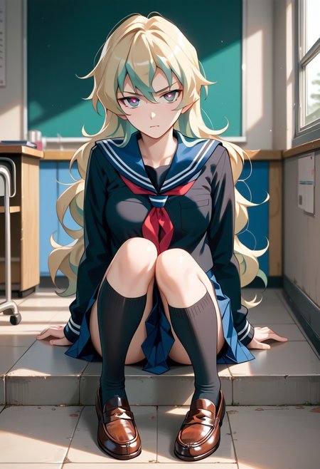 score_9,score_8_up,score_7_up,source_anime, Nia Teppelin (Antispiral),1girl,solo,looking at viewer,skirt,sitting,school uniform,full body,pleated skirt,shoes,socks,serafuku,kneehighs,black socks,loafers,black serafuku,cross-shaped pupils,