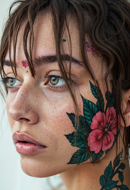 Hyperrealism, extreme close-up Portrait of a beautiful, stunning unique female character. She has large turquoise eyes filled with joy and excitement, extravagant eyelashes, making this image a masterpiece of photography and digital art. Style: realistic hyper-detailed rendering, 32k UHD, expressive eyes, punk, graphic design, pink hibiscus tattoo, girl's face, side view, pretty and cute, gleaming lips, white skin, telling a tale of adventure. Exuding confidence and serenity. Vibrant tattoos adorn her sun-kissed skin