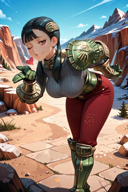 <lora:ChamIllustriousBackgroundEnhancer:0.5>, masterpiece, very aesthetic, absurdres, best quality, amazing quality, high resolution, newest, very awa, scenery,  looking at viewer,  <lora:spo_sdxl_10ep_4k-data_lora_Illustrious:0.8> <lora:StabilizerIllustrious:0.8> , masterpiece, beautifully drawn, elegantly detailed,   <lora:AsheiIL:0.8> , AshDef, 1girl, black hair, twintails, hair over shoulder, brown eyes, bags under eyes, hair ornament, gorget, grey sweater, ribbed sweater, single pauldron, armored corset, green corset, green gauntlets, red pants, belt, green greaves, leaning forward, blowing kiss, hand up, winking, one eye closed, floating orbs, clutter, exterior, mountains, scenery, blue sky