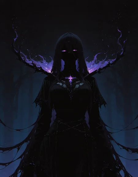 masterpiece, best quality, amazing quality, <lora:DarkFantasy_v3_Buns:0.55>, Shadow Binder, dark flowing attire, shadow tendrils, glowing violet sigils, moonless night, masterpiece, best quality, amazing quality
