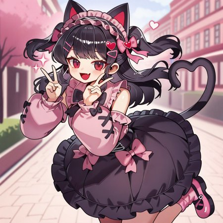 lazypos, girl focus, 1girl, animal ears, solo, cat ears, tail, hair ornament, black hair, long hair, smile, looking at viewer, blurry, pink footwear, cat tail, blush, frills, heart hair ornament, open mouth, detached sleeves, heart, hands up, skirt, hairband, long sleeves, black skirt, blurry background, shirt, pink shirt, cat girl, sparkle, :d, jirai kei, depth of field, skin fang, fang, hairclip, sleeveless, outdoors, double v, dress, puffy long sleeves, ribbon, frilled skirt, red eyes, bow, pink sleeves, pink socks, w, puffy sleeves, v, frilled hairband, two side up, pink bow, bare shoulders, pink ribbon, frilled dress, twintails, ro_g, mahoushostyle