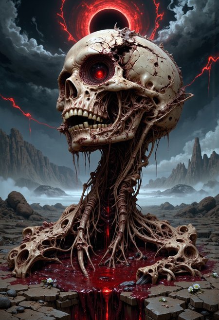 Amid a barren wasteland, where the sky is cloaked in a swirling, oppressive fog, a decaying skull rises from a sinewy column of flesh and bone, half-submerged in thick, oozing blood. The skull, fractured and crumbling, is stitched together with leathery strips of human skin, its surface pale as ivory yet stained with streaks of dark red. The fragments of bone, cracked and worn, whisper of forgotten stories of life and suffering, each break and fissure a testament to survival. Dripping from hollow eye sockets and a gaping mouth, a black, oily substance mingles with the blood below, forming pools around the skull's base. Yet, amidst the decay, there is a subtle glow—a single, soft pulse of warmth from deep within the skull’s core, as if some fragment of life still lingers in the hollow depths. Above, the sky splits with a hauntingly beautiful eclipse—a black sun haloed by crimson light, casting brief beams of warmth across the land. Streaks of blood-red lightning flash sporadically, illuminating the endless wasteland of death and despair. But in those fleeting moments of light, the fog thins, revealing small, delicate flowers of bone-white petals blooming from the cracked earth. These fragile blooms stretch toward the fading light, symbols of resilience amidst the sorrow. They are a silent reminder that even in the darkest corners, a spark of hope and beauty can persist, defying the overwhelming pull of decay.