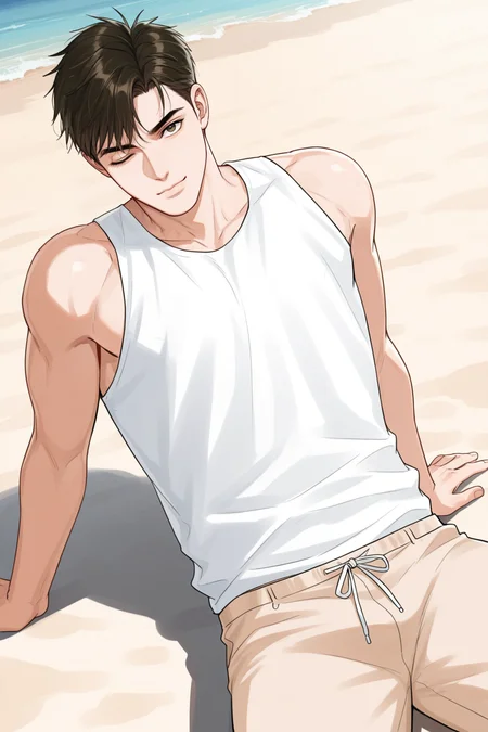 <lora:STS-IL:0.9>,buchonghua,brown hair,brown eyes,short hair,sleeveless shirt,white shirt,looking at viewer,wink,one eye closed,beach,sitting,leaning back,cowboy shot,1boy,solo, bara,male focus,very awa,masterpiece,best quality,amazing quality,nsfw,uncersored,highres,best quality,amazing quality,best aesthetic,absurdres,