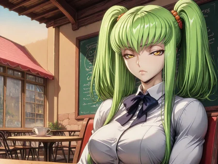 masterpiece,best quality,amazing quality,ultra detailed,
1girl,
 <lora:My_Muscle_Style_1:0.3>,muscular female, fit, skinny,
<lora:HyperdetailedColoredPencilIl:0.3> ArsMJStyle, <lora:Sinozick_style:0.3>Sinozick_illu,gradient,spot color
<lora:illustriousXL_stabilizer_v1.23:0.5>
<lora:GLSHS:0.7> SHSLG
 <lora:C.C._and_Kallen_Stadtfeld_Code_Geass:0.8> , C.C., green hair, long hair, yellow eyes, bangs, twintails,hair ornament,  
outdoors,cafe,
school uniform, 
solo,large breasts, bowtie, 
dyamic angle,
close-up, portrait, 
looking at viewer, narrowed eyes, 
table,sitting, at table,