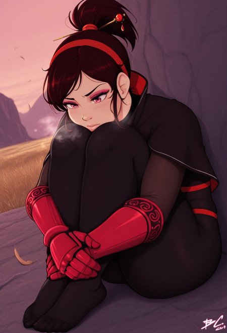 bittercream.  outdoors, undershirt, falling feathers, black bodysuit, hair stick, hugging own legs, , gauntlets,   eyeshadow,   red gloves,  high ponytail,  , black capelet, red hairband, pink eyes, 1girl, solo, feet, visible breath,   dynamic angle, foreshortening, smell, steam,