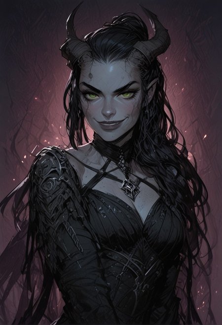 score_9, score_8_up, score_7_up, BREAK, NSFW, 1woman portrait, beautiful, dramatic lights ((Succubus, Demon Girl, Succub, horns, seductive, seductive look, goth, goth girl, goth makeup, green eyes, breasts, wings, bat wings grey skin, grey colored skin, black hair, long braided ponytail, bangs, side bangs, happy, smug))
<lora:Fant5yP0ny:0.6> <lora:fantasy_world_pony:0.9>
<lora:Cherry-Gig:0.55>