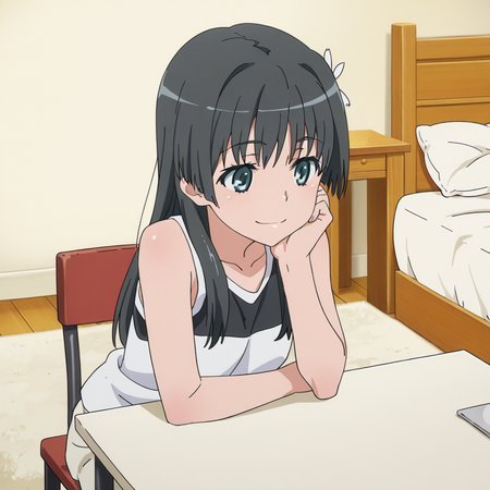 nsfw, masterpiece, best quality, amazing quality,1girl, solo, index_railgun_saten_ruiko, sitting, smile, black hair, long hair, hair ornament, black and white sleeveless tops, shirt, bed, hair flower, chair, table, indoor, bedroom, <lora:Saten_Ruiko_-_Index_Railgun:0.7>