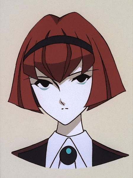 source_anime, score_9, score_8_up, score_7_up, anime screencap, 8k, absurd res, <lora:BigO_PDXLv1 Dorothy-000060:0.8> 1girl, solo, r. dorothy wayneright, dorothy_(the_big_o), short hair, black dress, red hair, black eyes, green brooch, pale skin, simple background, ((head-mounted disc drive, hairband))
