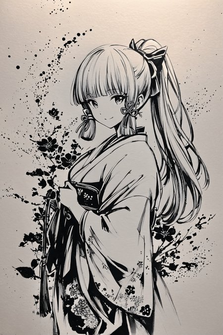 monochrome,greyscale,1girl,kamisato ayaka,solo,flower,ponytail,japanese clothes,long hair,kimono,holding,smile,bangs,looking at viewer,hair ribbon,ribbon,sidelocks,blunt bangs,traditional media,
<lora:okazu_XL:0.9>,