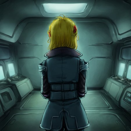 best quality, masterpiece, netsu, blonde hair, short hair, hair ornament, wearing vest, night, spaceship interior, low light