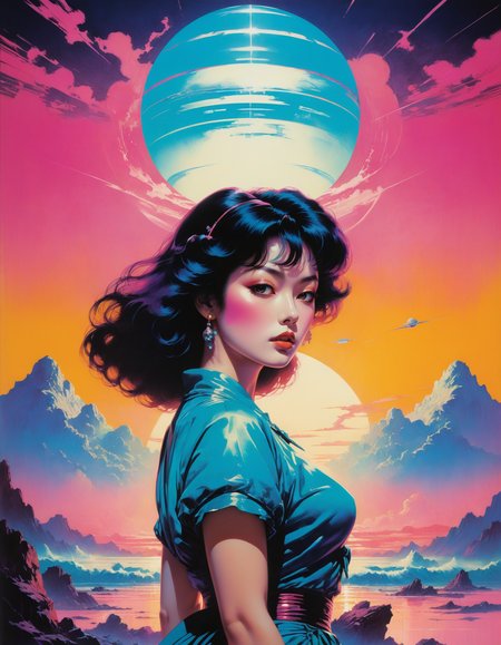 by Frank Frazetta and Chiho Aoshima,  (vaporwave aesthetic, masterful, beautiful:1.4), poster art, bold lines, hyper detailed, expressive,  award winning,  (movie still:1.4), (intricate details, masterpiece, best quality:1.4),
looking at viewer, dynamic pose, wide angle view,
<lora:add-detail-xl:1> <lora:xl_more_art-full_v1:0.5>  <lora:NicolaSamori:0.5> in the style of nicola samori <lora:looking_at_viewer:2>