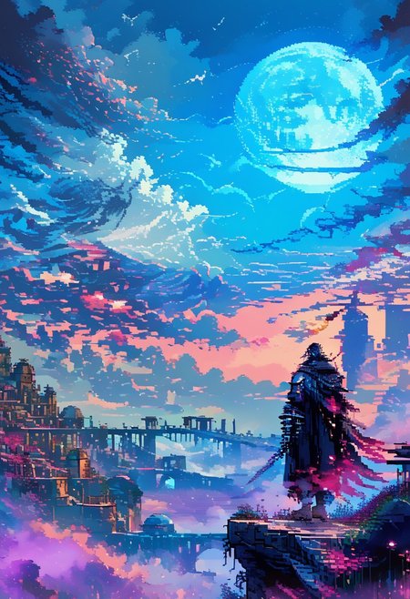 d3p1x3l, pixel art, ArsMJStylePony, manyP, score_9, score_8_up, score_7_up, score_6_up,  BREAK 2d game art, adventurer, blue dragon in the sky, from side, profile, sky, clouds, blue moon, midnight, overgrown, ruined ancient city, ruins skyline, smoke, blue theme, <lora:d3p1x3lXLP_detailed_pixel_art.safetensors:0.8:0.8> <lora:ArsMJStylePony_-_Pixel_Art-000004.safetensors:0.8:0.8> <lora:styles\Pixel_Fusion_LORA.safetensors:0.64:0.64> <lora:add-detail-xl.safetensors:1:1>
