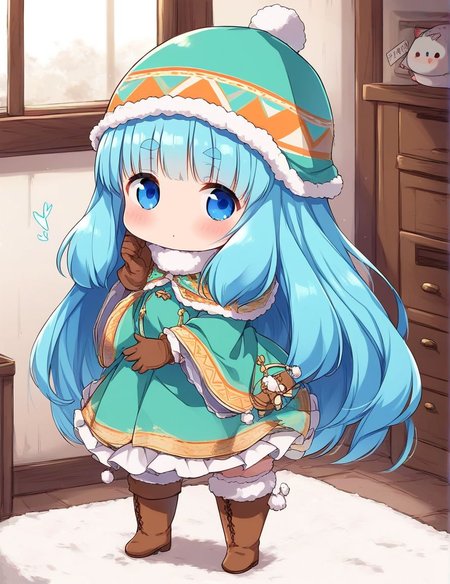score_9, score_8_up, score_7_up, source_anime, rating_explicit, BREAK  <lora:Runemaster_XL:1>
runemaster, long hair, blue eyes,  bangs, very long hair, aqua hair, thick eyebrows, blue hair, chibi,　looking to the side,From Behind,
gloves, hat, full body, dress, boots, pom pom (clothes),  brown footwear, brown gloves, long sleeves, wide sleeves, green dress,
room,