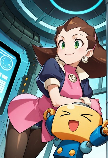 sci-fi, factory,
posing,
dynamic angle, 
BREAK,
<lora:tron_illustriousXL_v01:1>
1girl, tronDef, tronDefHair, brown hair, medium hair, hairband, green eyes, skull earrings, hair slicked back, 
tronDefDress, pink dress, short sleeves, cropped jacket, blue cropped jacket, crotch plate,  pink gloves,
pantyhose, 
1boy, kobunDef, small robot,
taller female, height difference, smile, hug,, source_anime, very aesthetic, anime coloring, masterpiece, official art,
best quality, amazing quality, ultra detailed, very aesthetic, 
detailed background, 
BREAK,