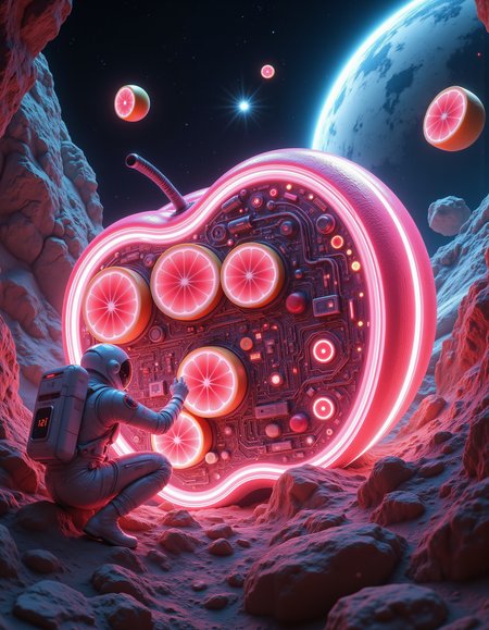 Ultra-realistic close-up of an astronaut meticulously repairing a futuristic, pink lady apple-shaped spacecraft. Each section of the craft is a transparent module, revealing glowing internal systems pulsating with neon circuitry. The astronautâs advanced spacesuit, accented with vibrant red highlights, reflects the surreal cosmic environment around them.
The spacecraft floats amidst a breathtaking asteroid field, where massive frozen lemon-slice-shaped asteroids drift weightlessly, their translucent citrus interiors catching the light of a brilliant blue star in the distance. Tiny frozen citrus juice crystals sparkle as they float through zero gravity, refracting light in a mesmerizing display. The porous texture of the spacecraftâs outer shell mimics the rough surface of an apple peel, giving it an organic yet engineered feel.
The scene is a striking fusion of hard sci-fi and surrealism, inspired by *The Martian* with cinematic realism and dramatic lighting. The interplay of deep shadows and radiant highlights creates a visually immersive atmosphere, evoking both the cold vastness of interstellar space and the warmth of its glowing, red apple-hued artificial structures. Hyper-detailed textures, ultra-HD rendering, dynamic lighting contrasts, surreal yet scientifically grounded composition.
<lora:aidmaMJ6.1_v0.5_3:0.4> aidmamj6.1 <lora:DreamArtFlux:0.15> DreamArt <lora:aidmaMJ6.1v0.4:0.3> aidmaMJ6.1 <lora:FluxMythR3alisticF:0.2> R3alisticF <lora:FluxDFaeTasticDetails:0.15>  <lora:aidmaFLUXpro1.1light-FLUX-V0.1:0.45> aidmafluxpro1.1