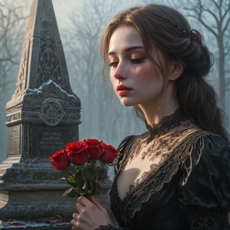 epiCRealism, masterpiece, highly detailed, one girl, pale and delicate, mourning in front of a tomb in a frozen winter morning, mist still clings to the ground while a timid Sun rises on the horizon, a bright red bouquet of roses lays on the tombstone, she wears a highly detailed black laced Victorian dress and sits on the earth in front of the tomb, the skirt spreads around her, view from the side, a small tear drops through her cheek,