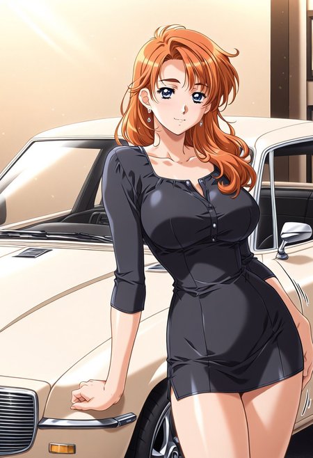 masterpiece, best quality, newest, highres, uncensored, 1girl, yokota mamoru style,motion lines,1girl,Kanou Makoto Again Version,blue eyes, orange hair, 1990s (style), large breasts,long hair,Earrings, car model,model,luxury car,in front of a car, modelling,standing,look at the viewer,mini dress, sexy black shirt,pride,pride model