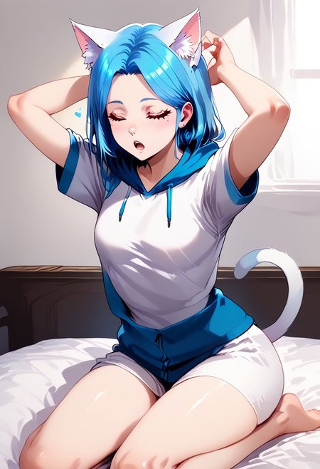 score_9, score_8_up, score_8, 1girl, Catgirl, slimes_aizome, solo, blue hair, white cat ears, white cat tail, heart eyes, oversized hoodie, kneeling on bed, waking up, arms up, stretching, highly detailed, dynamic angles, dynamic pose, yawns, Expressiveh, vivid colors