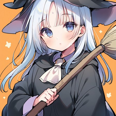 ((masterpiece, best quality, illustration)), 1girl, solo, long hair, looking at viewer, bangs, long sleeves, hat, holding, closed mouth, upper body, white hair, grey hair, ascot, black headwear, witch hat, broom, witch, white ascot, holding broom