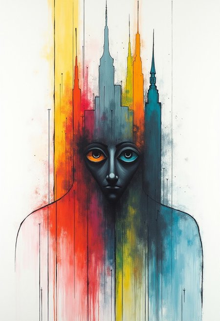 modern painting, only colourfull lines, background white, surreal, by paul wunderlich, ernst fuchs, yves tanguy, abstract city outlined with the face of a mystery gazer.
