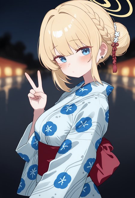 ,1girl, solo, breasts, looking at viewer, blush, short hair, blue eyes, blonde hair, long sleeves, closed mouth, jewelry, upper body, braid, outdoors, earrings, japanese clothes, alternate costume, hand up, wide sleeves, kimono, hair bun, blurry, halo, from side, sash, v, blurry background, night, obi, single hair bun, white kimono, yukata, blue kimono, print kimono, yellow halo, red sash,<lora:TestTestTest!\Lk149_Style_NBV1.safetensors:0.95:0.95>,,masterpiece,best quality,newest,absurdres,highres,very awa,detail background <lora:None:0.4000000000000001>