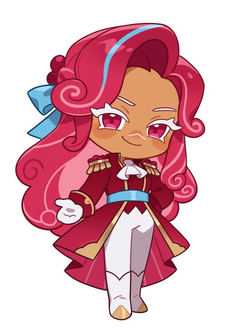 cookie run,  anime, masterpiece, best quality, detailed background, 8k, 1girl, solo, raspberry cookie, tan skin, pink hair, long hair, blue hair ribbon, light hair streaks, white eyelashes, pink eyes, cravat, red coat, epaulettes, blue waistband, white gloves, white pants, white boots, chibi, standing, white background, smirk, full body, staring at viewer, no pose,