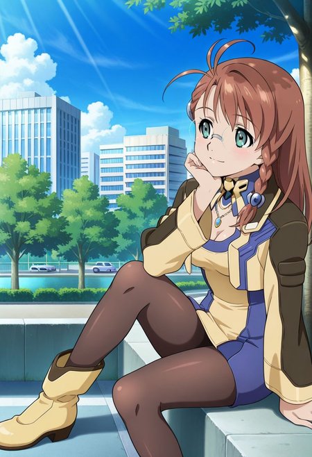 detailed eyes, beautiful, detailed background, perfect eyes,
source_anime, very aesthetic, anime coloring, masterpiece, official art,
<lora:HandFineTuning_XL:1>
BREAK,
park, cityscape, trees, 
sitting, looking sideways, hand on chin,
light smile, looking sideways, full body, dynamic angle,
BREAK,
<lora:shion_illustrious_v03:0.95>
shion uzuki, brown hair, single braid, ahoge, long hair, glasses, round eyewear, parted bangs,  green eyes, 
cropped jacket, yellow dress, necklace, breast cutout,
pantyhose, yellow footwear,