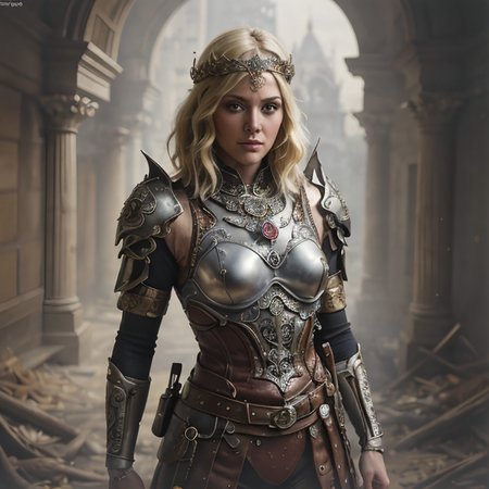 RAW photo, (masterpiece:1.3), subsurface scattering, heavy shadow, (high quality:1.4), (intricate, high detail:1.2), professional photography, HDR, High Dynamic Range, realistic, ultra realistic, photorealistic, high resolution, film photography, ambient lighting, atmospheric effects, <lora:detail_slider_v4:2>, OverallDetail, epic medieval fantasy, a footpad wearing brigandine armor with strawberry blonde short and messy hair, circlet, fanhe, <lora:FantasyHeaddress:0.6>, pendant with a holy symbol, leather wristband,  armored shoulder pads, in the afternoon, <lora:zoom_slider_v1:-1.5>,  <lora:cleavage:-1>, in the style of Boris Vallejo, astraa_bv, <lora:Astraa_Boris_Vallejo:1>, epiCPhoto