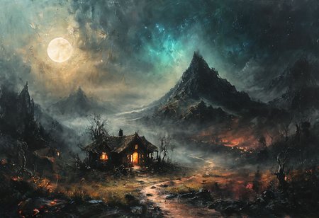 dark background, beautiful bright cloudy sky, gorgeous alien landscape, mountains, trees, earth houses, iridescent back glow, strong inner bright glow, fine details, bright light, ethereal, sparkling, sharp focus