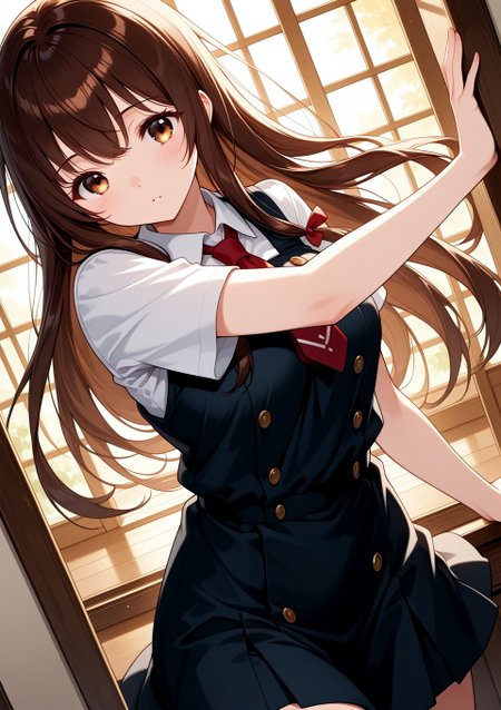 <lora:4863790872_ilxl:0.8>, 1girl,, 4863790872_ilxl, hp_mashiro, brown hair, brown eyes, long hair,, BREAK
masterpiece, best quality, amazing quality, very aesthetic, absurdres, newest, 
 <lora:Eyes_High_Definition:0.6>, eyesHD, high gradient eyes, detailed eyes, high definition eyes, 
<lora:LECO_Particles:1>, 
BREAK, <lora:brightness_slider:-0.5>,, general, dutch angle, oblique view,  dynamic pose,
