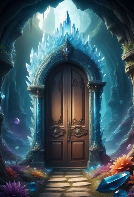 fantasy door leading into a crystal realm, weird, insanity, mind bending, detailed, magical, beautiful, depth of field,