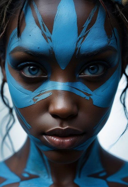 Close-up face, mysterious silhouette of an exotic coloured girl in worn down clothing, light blue war-paint over eyes only, goddess, alluring, by Minjae Lee, Carne Griffiths, Emily Kell, Steve McCurry, Geoffroy Thoorens, Aaron Horkey, Jordan Grimmer, Greg Rutkowski, amazing depth, double exposure, surreal, geometric patterns, intricately detailed, bokeh,  perfect balanced, deep fine borders, artistic photorealism , smooth,  great masterwork by Suiras  <lora:add-detail-xl:2>  <lora:Double_Exposure:0.5>