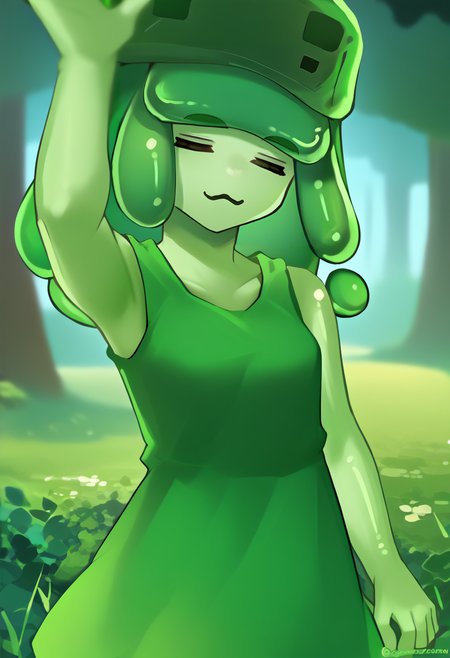 score_9, score_8_up, score_7_up, solo, 1girl, slim3, green skin, slime girl, =w=, :3, = =, eyes closed, looking at viewer, incoming headpat, arm up, green hat, green dress, sleeveless, outdoors <lora:concept_incomingheadpat_ponyXL:1> <lora:mcslime-pdxl-nvwls-v1:0.9> <lora:ChamElfExpressionPonyXL:1>