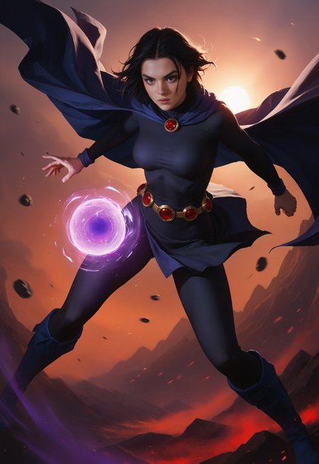safe_pos, 1girl, raven, DC comics, 

outside, magic, glowing, ethereal, 


cinematic shot, portrait, medium shot, rim light, action shot, medium breasts, boots, 



score_9, Score_8_up, 