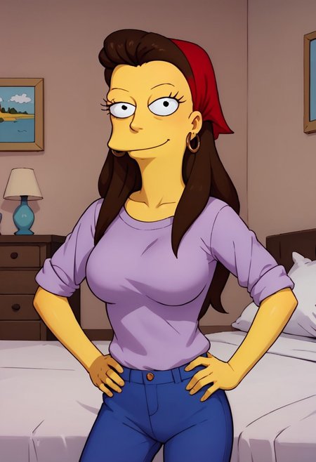 ((bedroom background)),score_9, score_8_up, score_7_up,score_6_up, 
1girl, Solo, RuthP_TS, yellow skin, black eyes, long hair, dark brown hair, red bandana on hair, gold hoop earrings, long-sleeve lavender shirt, blue skinny pants, brown sandals, tall stature, social smile, sexy face, close-up, perfect eyes, perfect smile, looking at the viewer, big breasts, detailed eyes, perfect eyes, cowboyshot, hands on hips, standing, Simpson_style