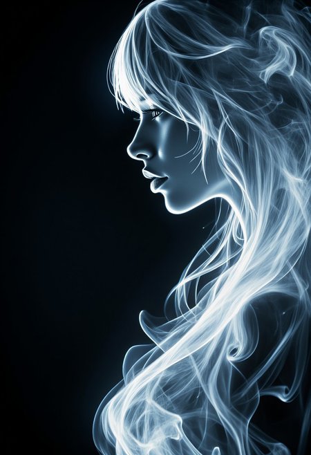 Silhouette Art, magnificent. ethereal female goddess, long hair, bangs, made_of_smoke, sexy, translucent, ethereal, coalescing from wisps of smoke, closeup portrait, dark background