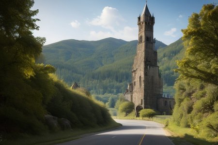 realistic analog photo, award winning photo, vary wide shot of stone witow tower:1.3, no humans, scenery, blue sky, road, nature, outdoors, RAW, highres, 8k, uhd, High Dynamic Range, tonemapping, crisp details, portcullis,