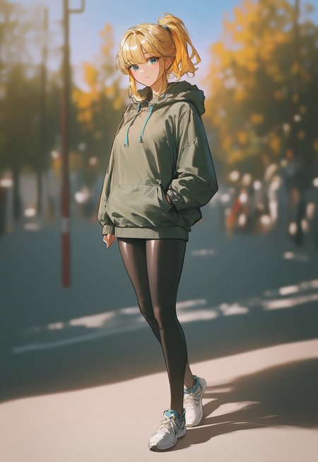 Score_9, score_8_up, score_7_up, score_6_up, score_5_up, score_4_up, 
((Best Quality)) (masterpiece) (details), shiny skin, 1girl, 
High ponytail, blonde hair, hoodie, leggings, outdoors, mature female, beautiful detailed face and eyes, cute face, bangs long bangs, sport wear, Art8st, color theory, medium length face framing layers with bangs, tight clothes, depth of field, sneakers, 