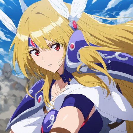 solo,looking at viewer,masterpiece,high score,great score,absurdres,anime coloring,armor,<lora:Valkyrie ag4o:1> valkyrie, blonde hair, long hair, red eyes,