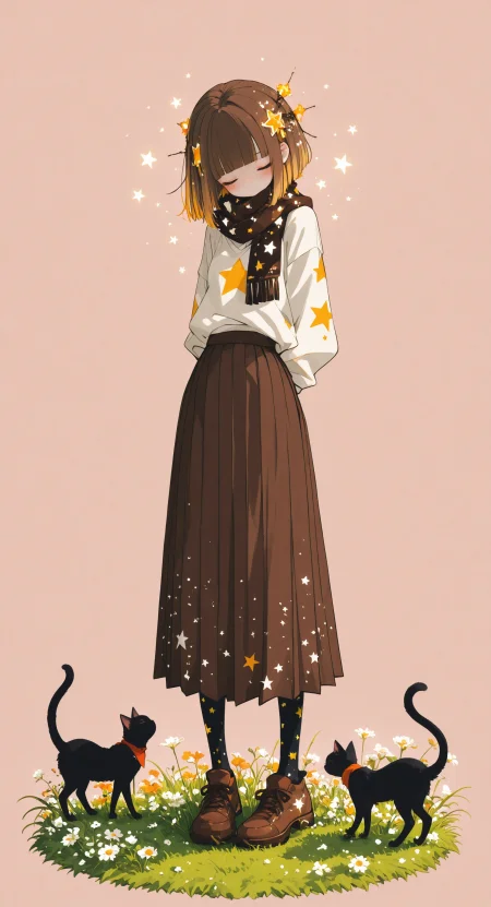 masterpiece, best quality, amazing quality, 1girl, solo, blush, short hair, simple background, skirt, blonde hair, brown hair, hair ornament, standing, full body, closed eyes, flower, pantyhose, pleated skirt, shoes, blunt bangs, star \(symbol\), scarf, animal, brown footwear, arms behind back, cat, grass, long skirt, brown skirt, star hair ornament, no nose, star print, black cat <lora:noobai_ep11_stabilizer_v0.138_fp16:0.3> <lora:ppw_v7_noobVv1.0:0.5> <lora:XXX667:0.5> <lora:lpc_v10:0.4> <lora:CrypticHue:1>